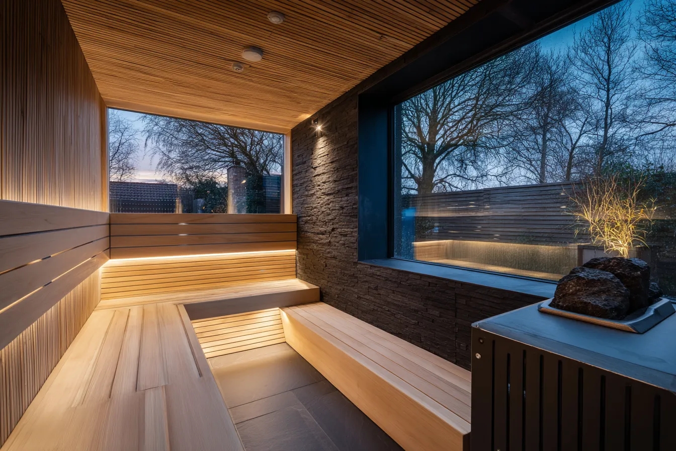 Cube Sauna Innenraum — minimalistisches Design, Charred-Timber-Akzentwand, Panoramafenster, LED-Beleuchtung