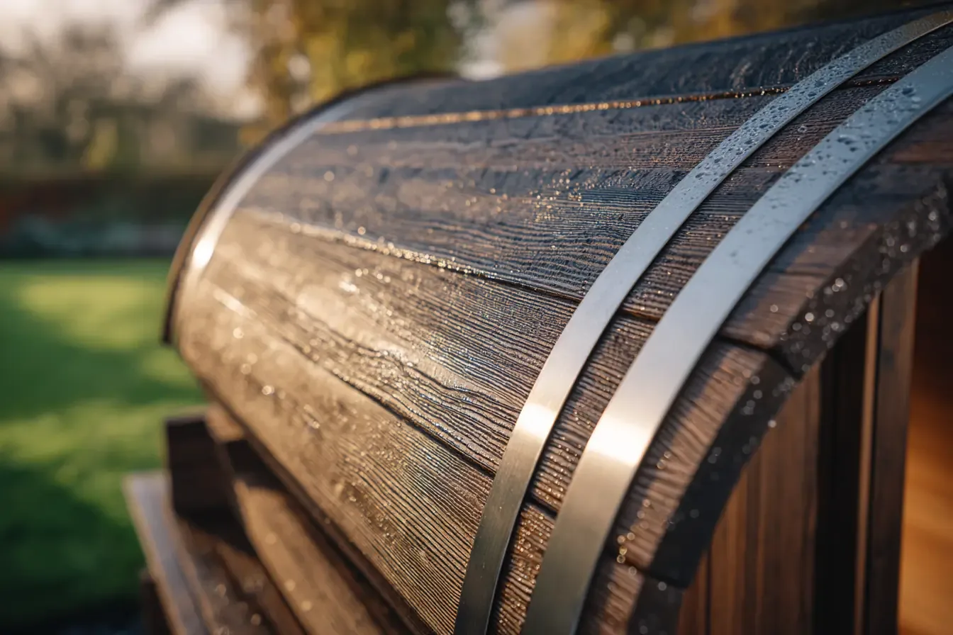 Fasssauna Detail — Thermo-Espe Holzlatten mit Edelstahl-Spannbändern, Handwerksqualität