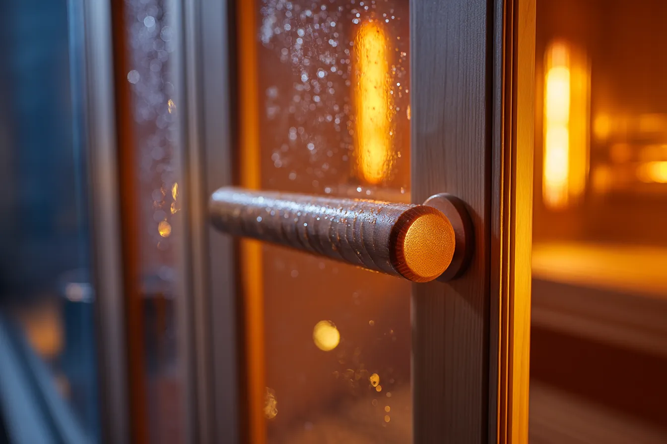 Gartensauna Türgriff-Detail — handgefertigter Holzgriff, gehärtetes Glas mit Kondensation, warmes Licht