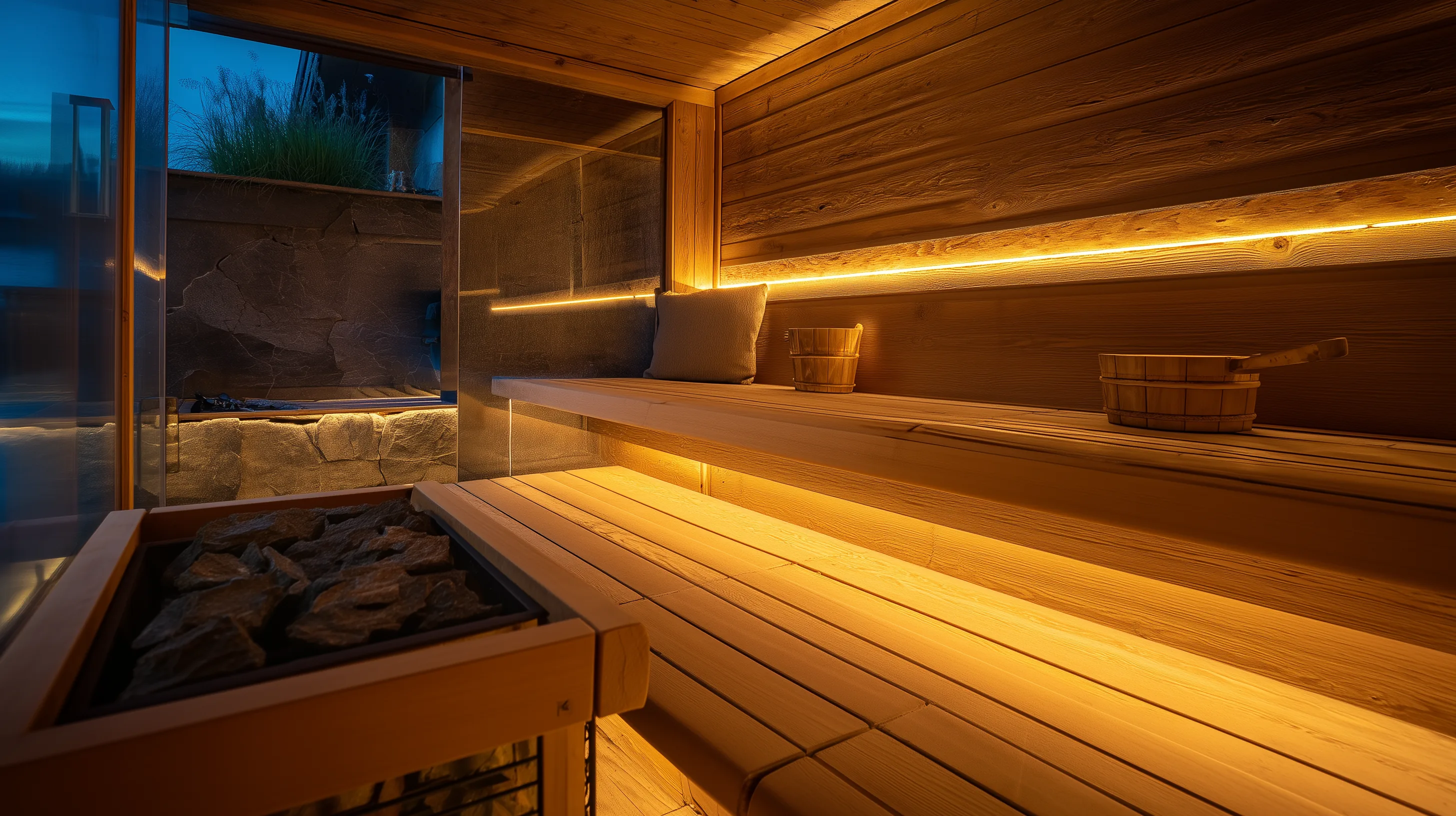 Sauna-Innenraum mit warmem LED-Licht und Premium-Holzbänken